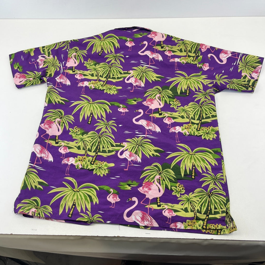 True Face Mens Purple Hawaiian Shirt Flamingo Design Short Sleeve Holiday size M