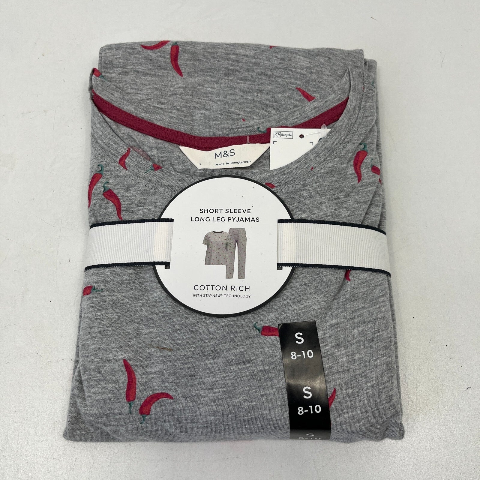 M&S Ladies Pyjama Set size S 8-10 Grey with Chillies Long Leg Short Sleeve  BNWT