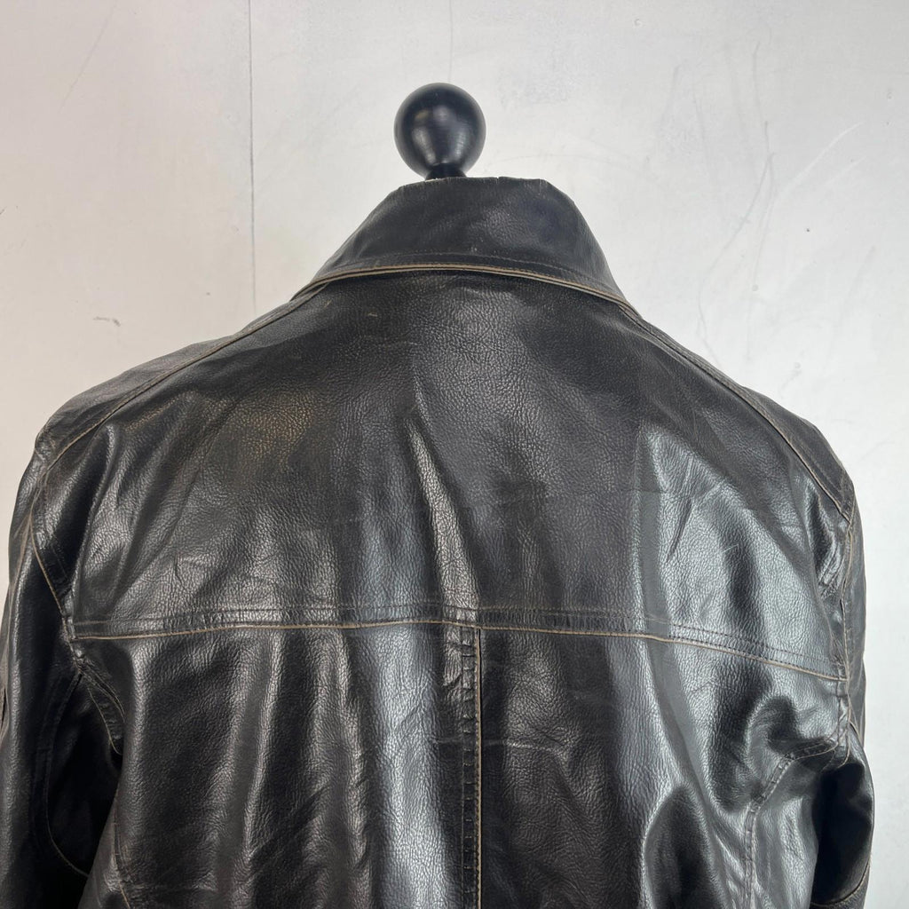 Vtg Tommy Hilfiger Brown Distressed Faux Leather Jacket Sherpa Lined Mens 2XL