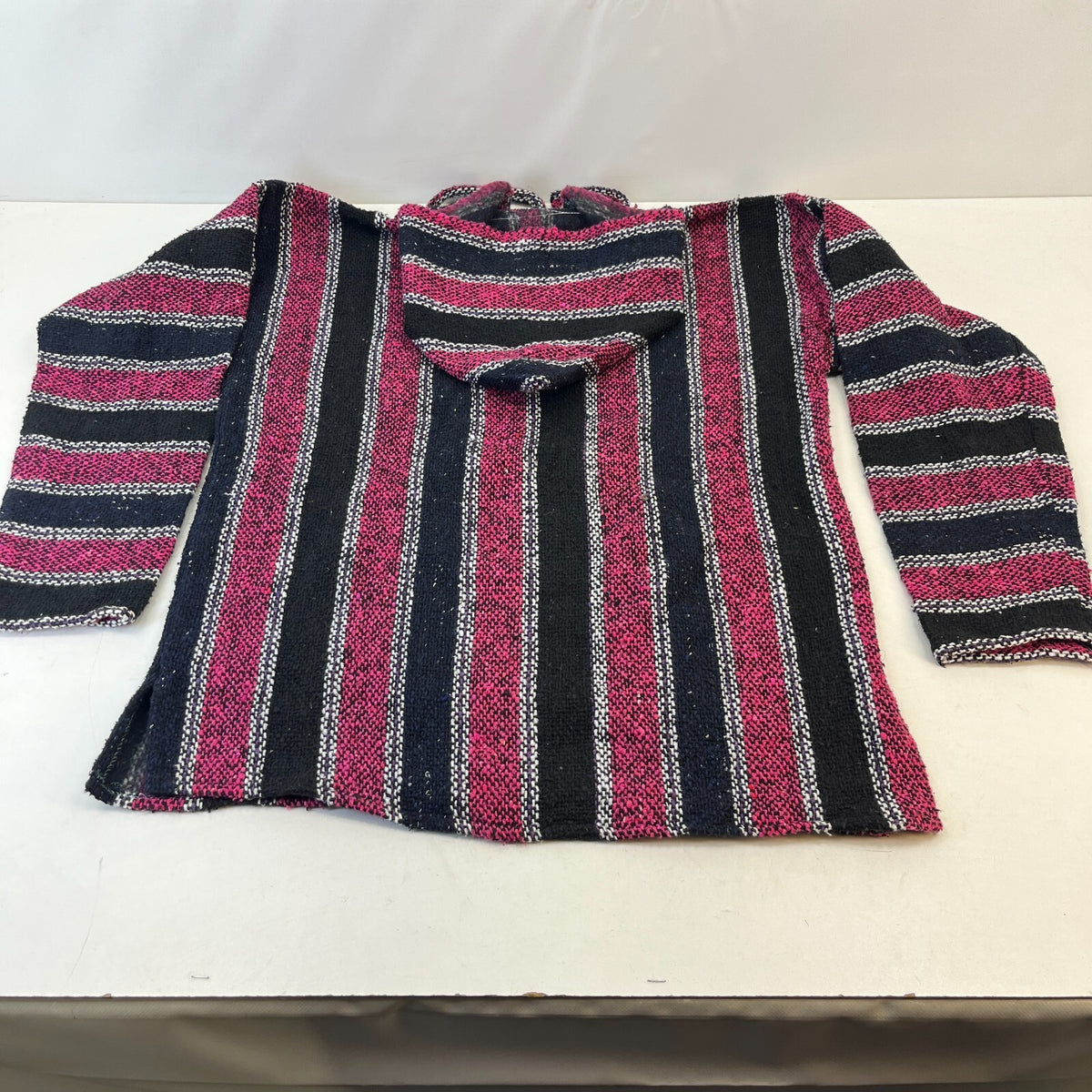 Genuine Mexican Baja Hoodie Pullover Hippie Festival Pink/Black size Large