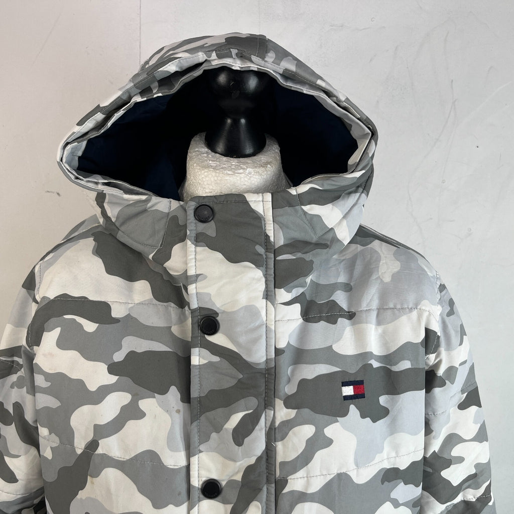 Tommy Hilfiger Camo Hooded Bomber Jacket size M Coat Grey White Water Resistant