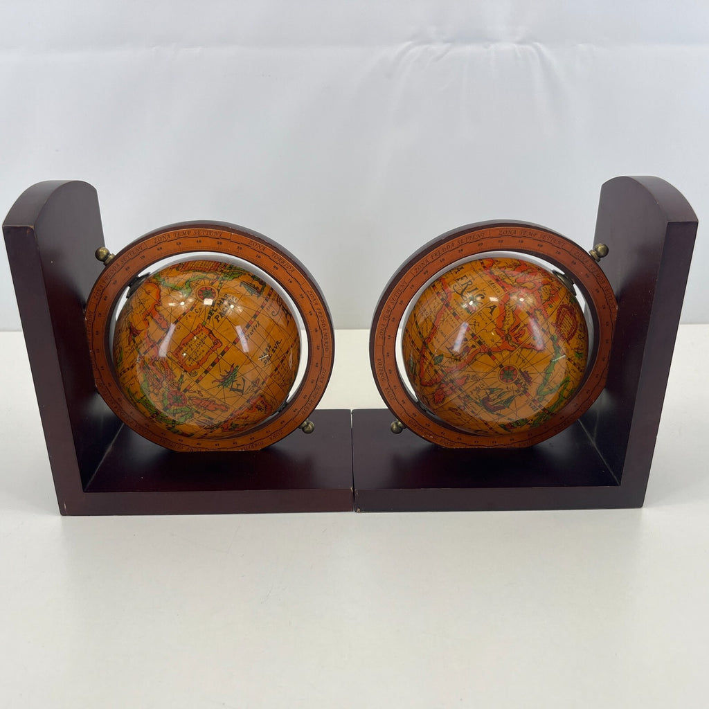 Pair of Wooden Old World Spinning Globe Bookends - Office Decor