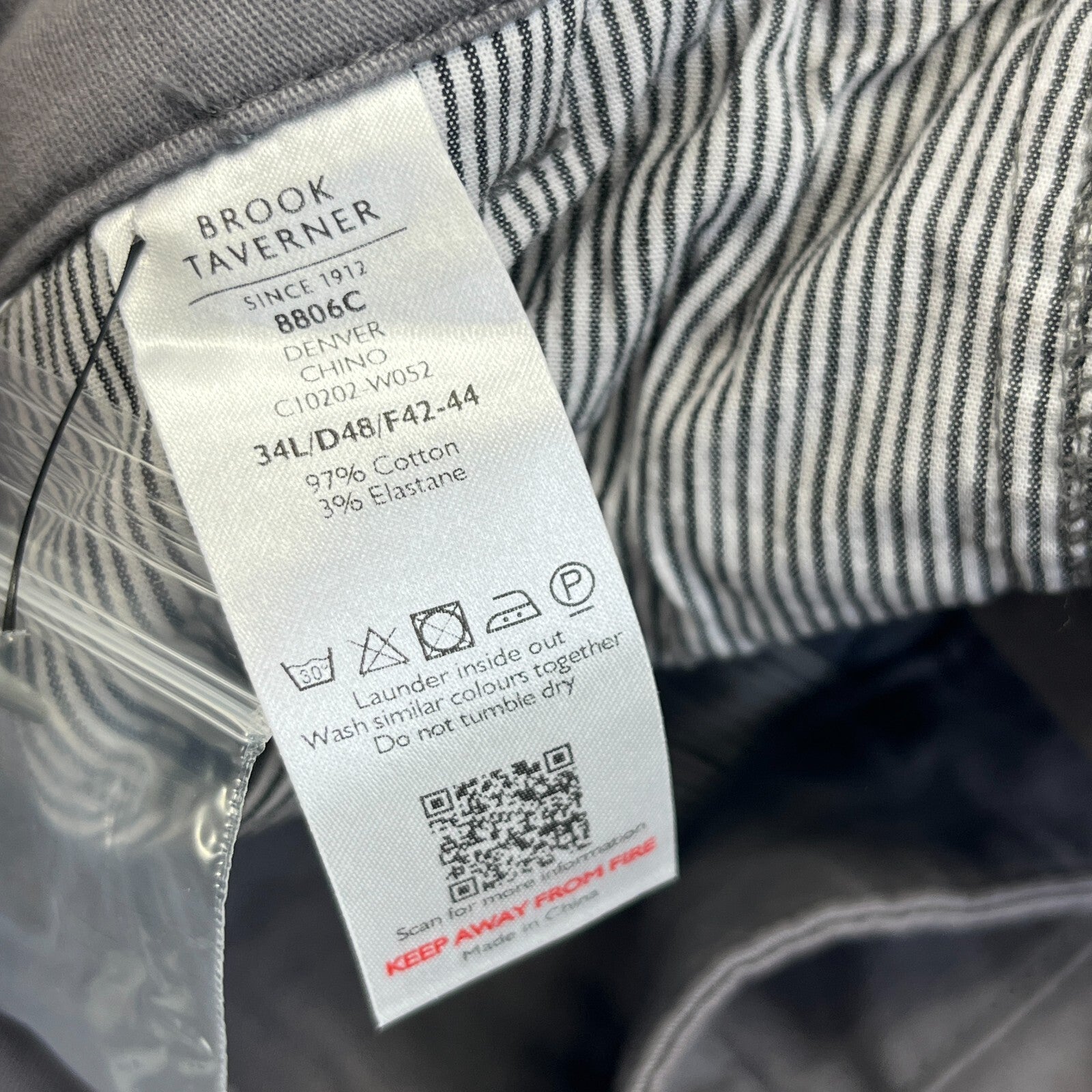 Brook Taverner Denver Chino Trousers in Grey Size 34L Cotton Stretch BNWT