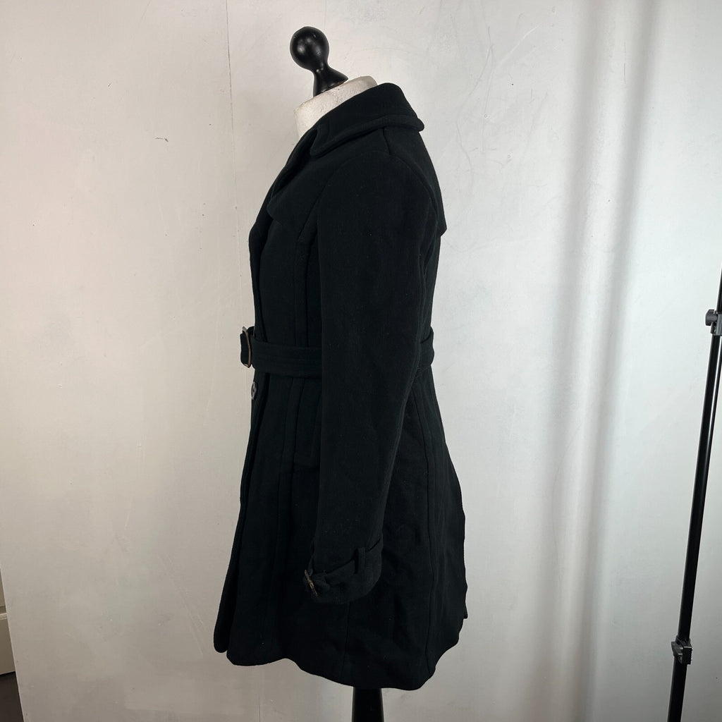 J. Crew Italian Wool Black Pea Coat Jacket Double Breasted + Belt Women’s UK 8