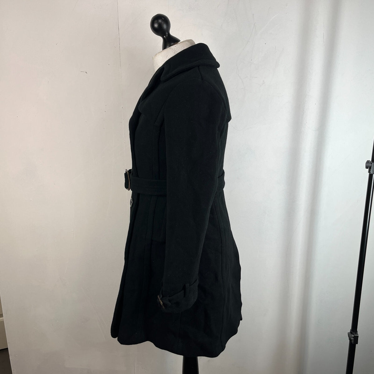 J. Crew Italian Wool Black Pea Coat Jacket Double Breasted + Belt Women’s UK 8