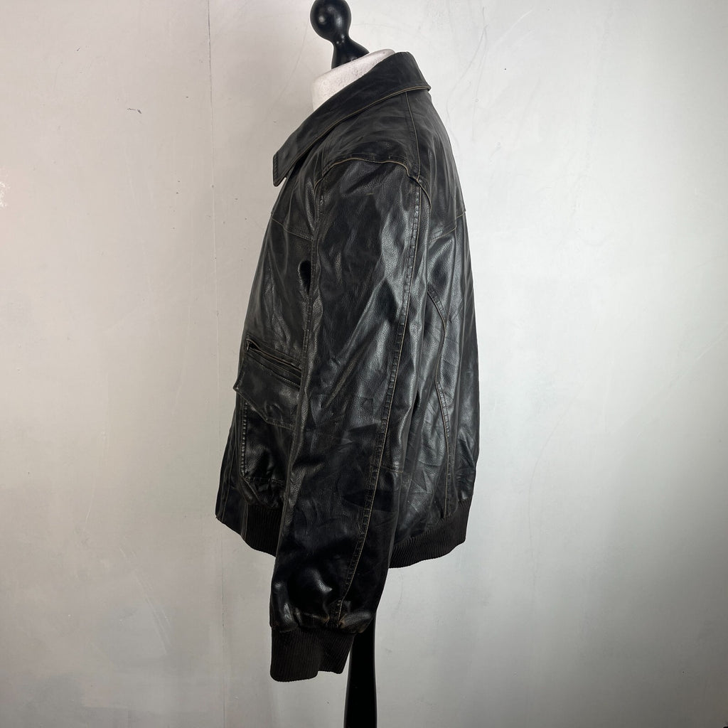 Vtg Tommy Hilfiger Brown Distressed Faux Leather Jacket Sherpa Lined Mens 2XL