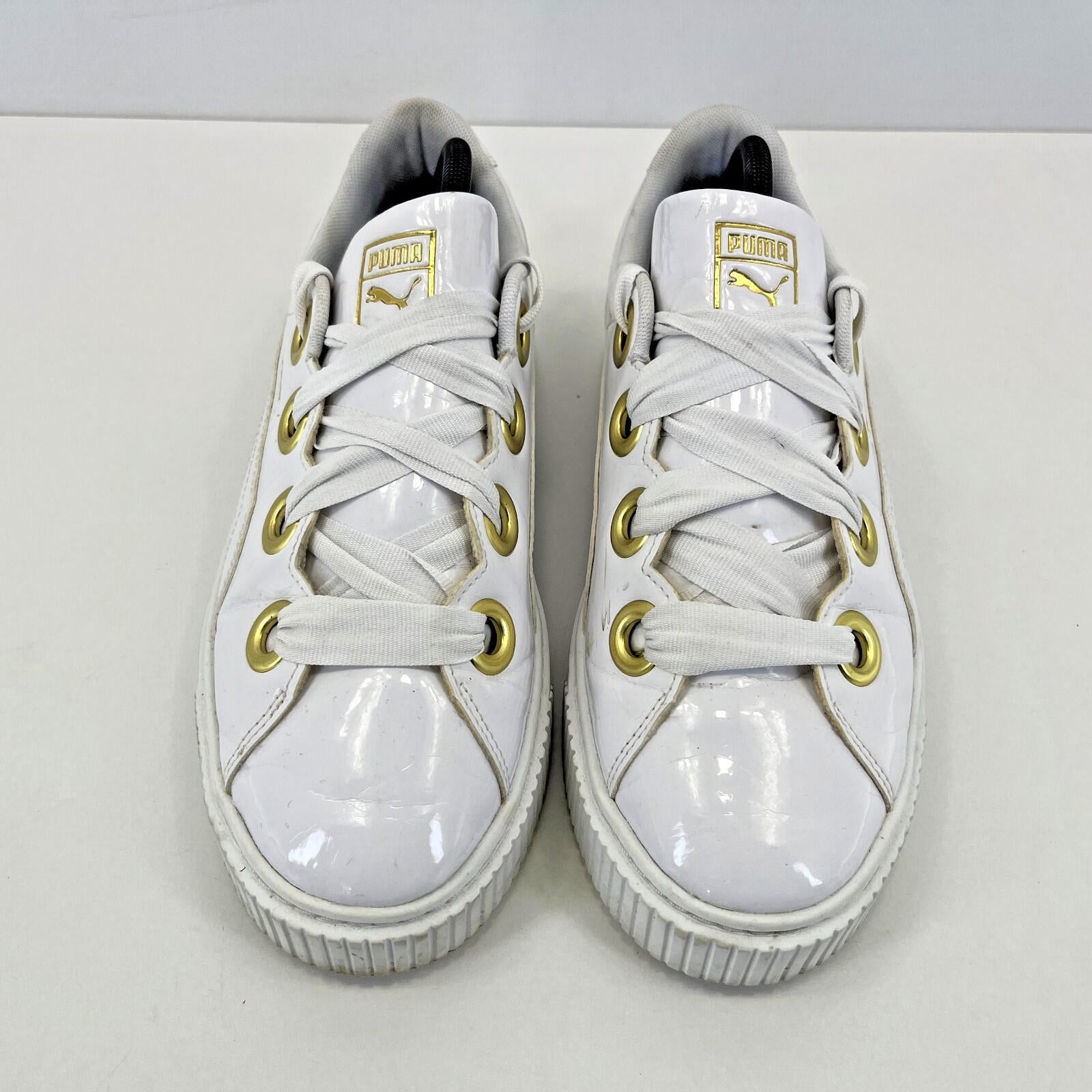 Puma Patent Kiss Trainers in White & Gold with Wide Laces size UK 8 EU 42