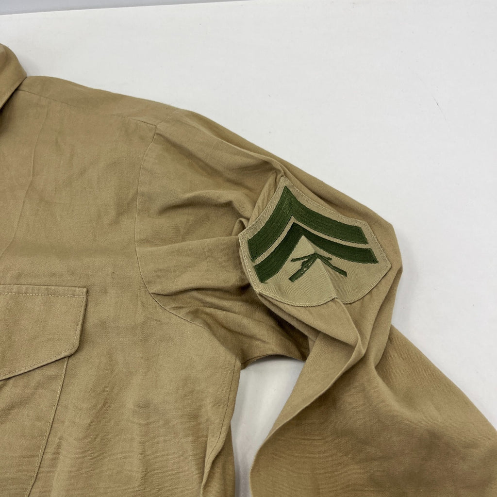 Vintage American Army Military Long Sleeve Shirt with Badges Khaki Brown size L