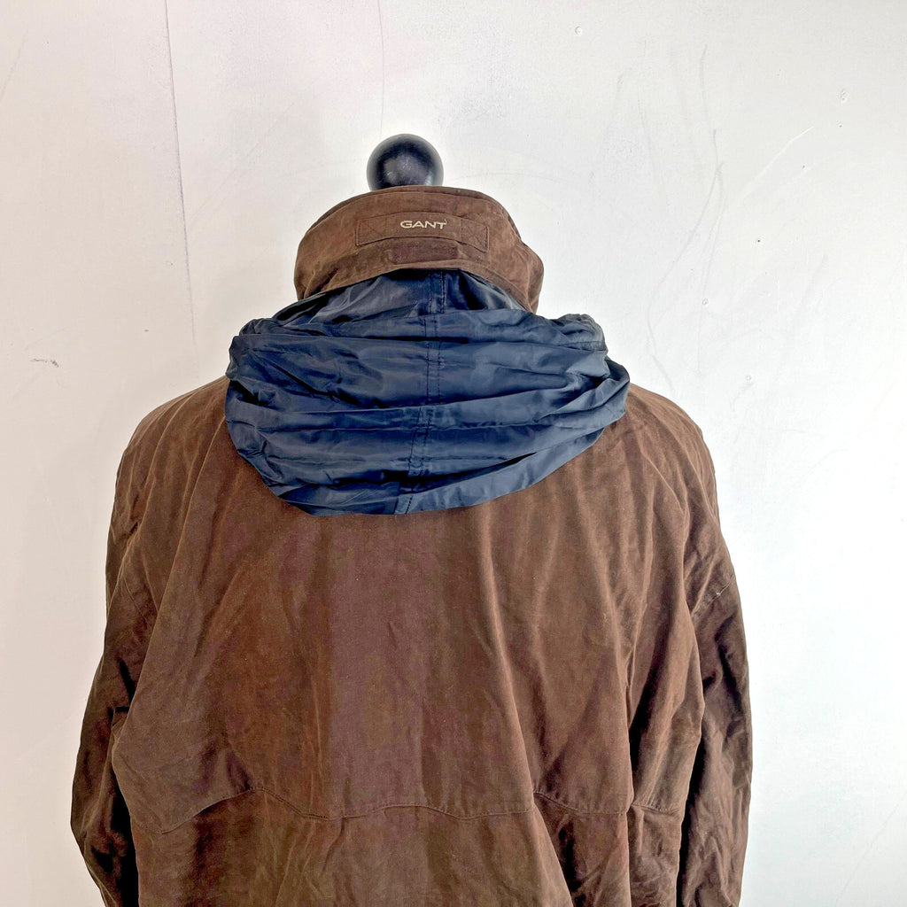 Gant Waxed Cotton Blend Field Jacket Wax Cord Collar Dark Brown Mens Large