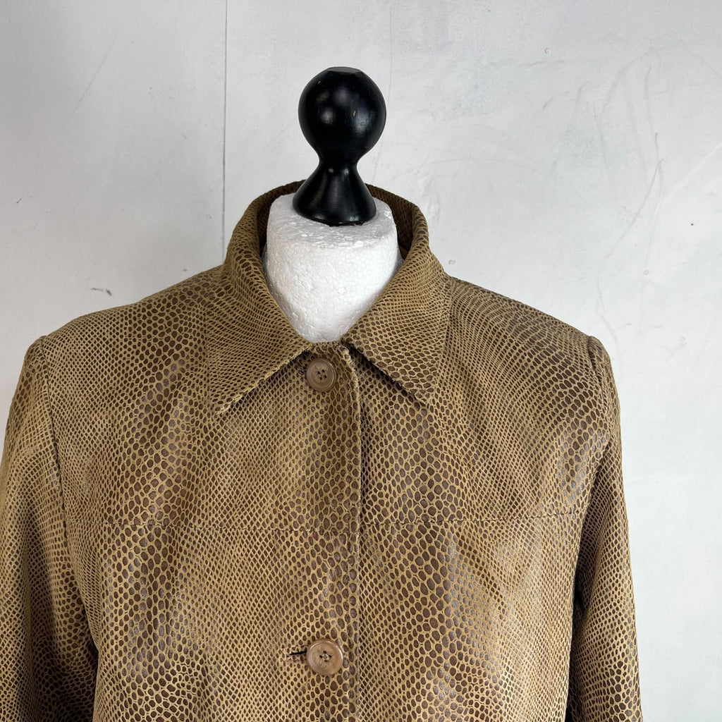 Beth Terrell Long Leather Coat Jacket Tan Brown Snake Lizard Pattern size Medium