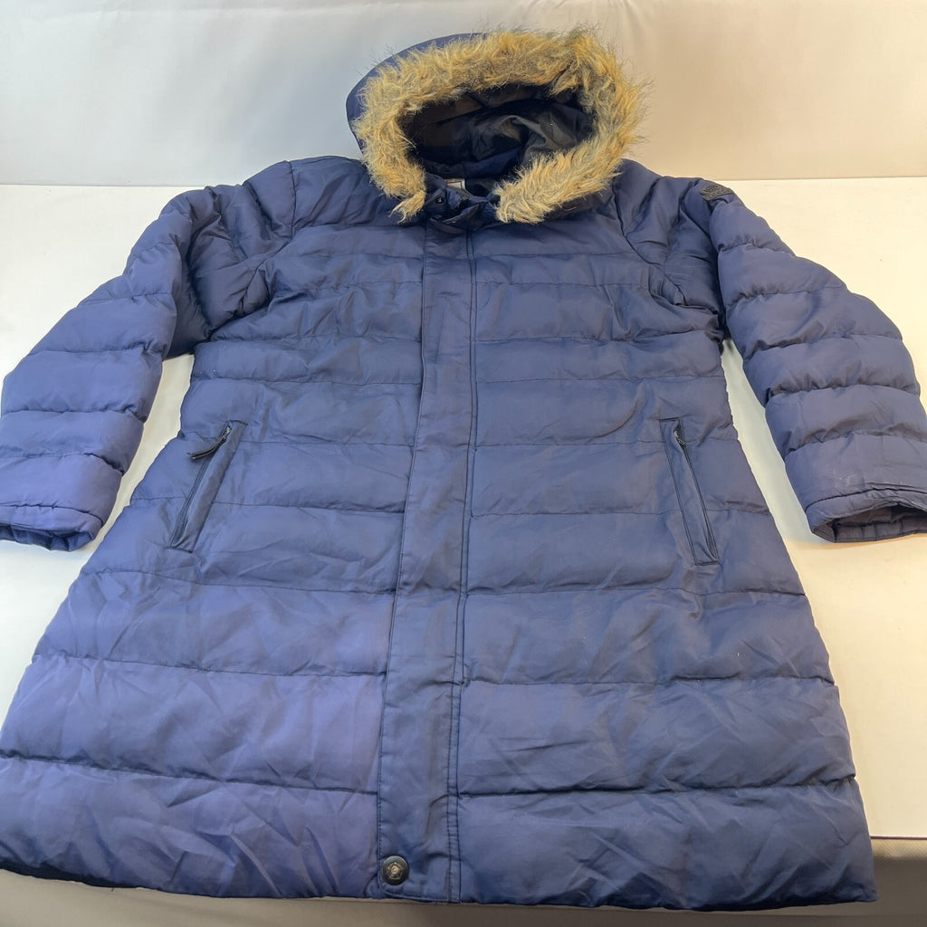 TOG24 Women’s Blue Hooded Long Puffer Coat Quilted Padded with Fur Fringe UK 18