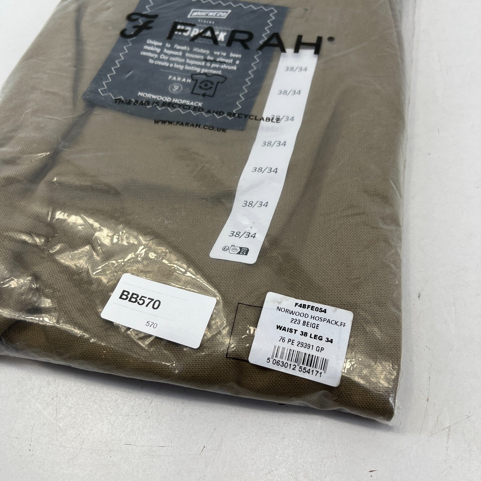 Farah Norwood Hopsack 100% Cotton Trousers Regular Fit W38" L34" Khaki Beige