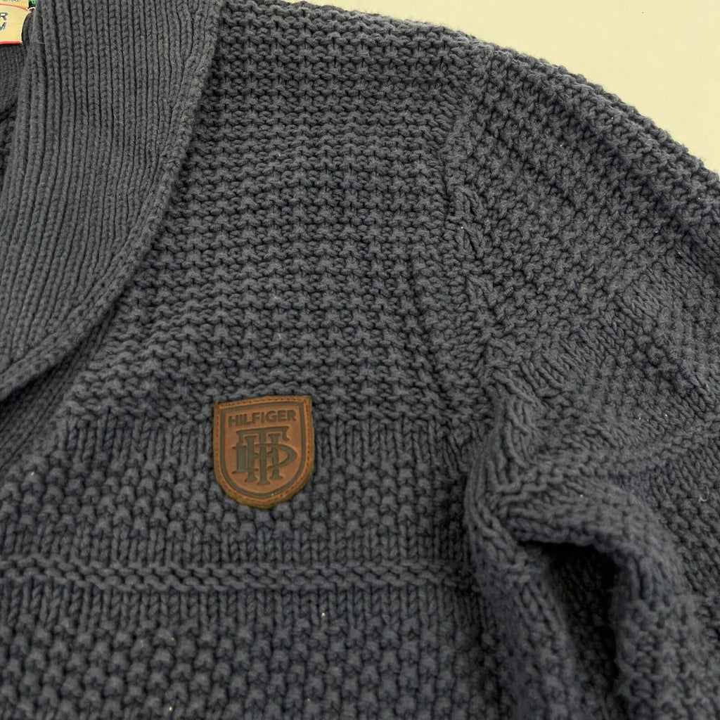 Tommy Hilfiger Hooded Cable Knit Cardigan Chunky Jumper Navy Blue - Size M
