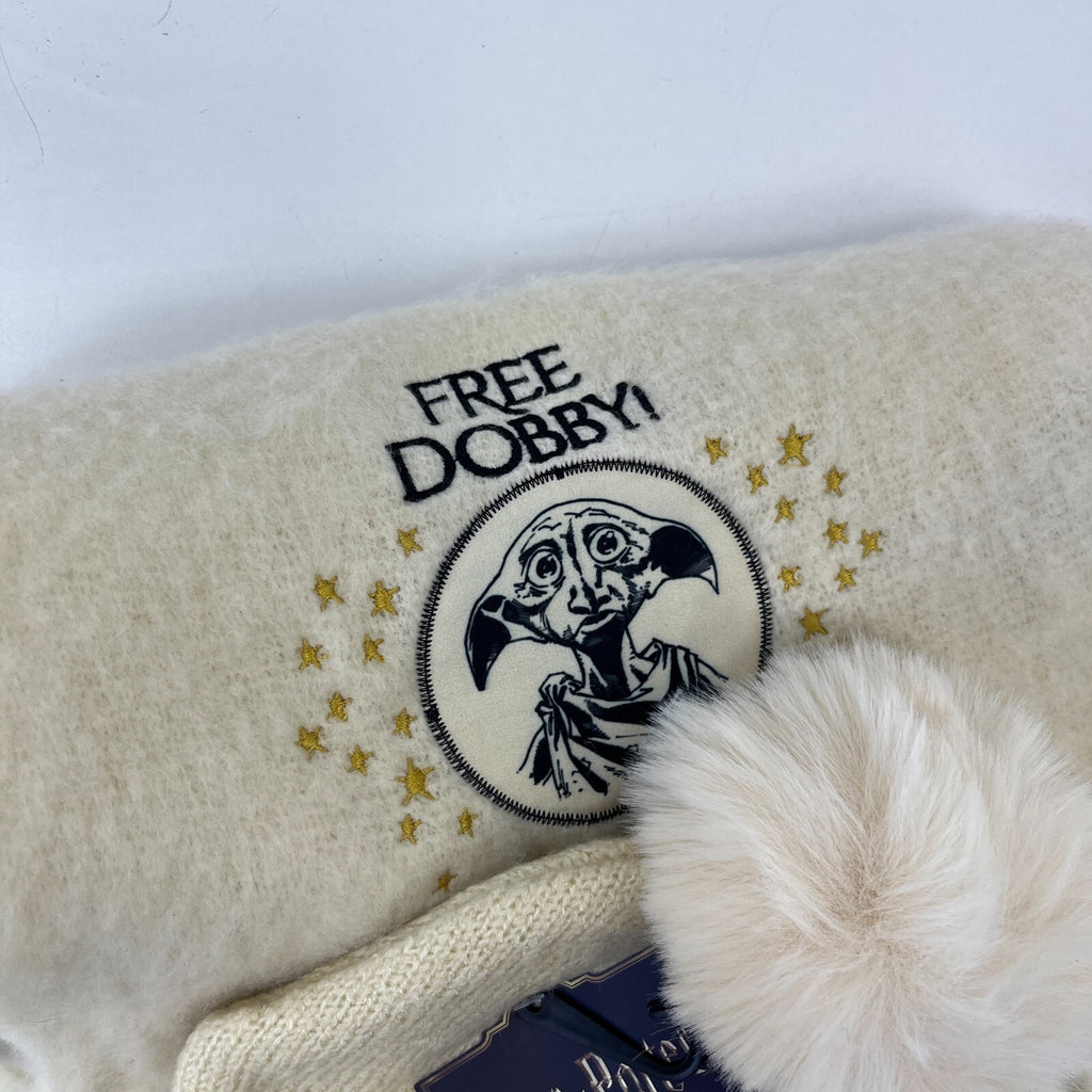 Harry Potter Free Dobby Super Soft Adults Hat & Scarf Set Pom-Pom Cream Embroidered