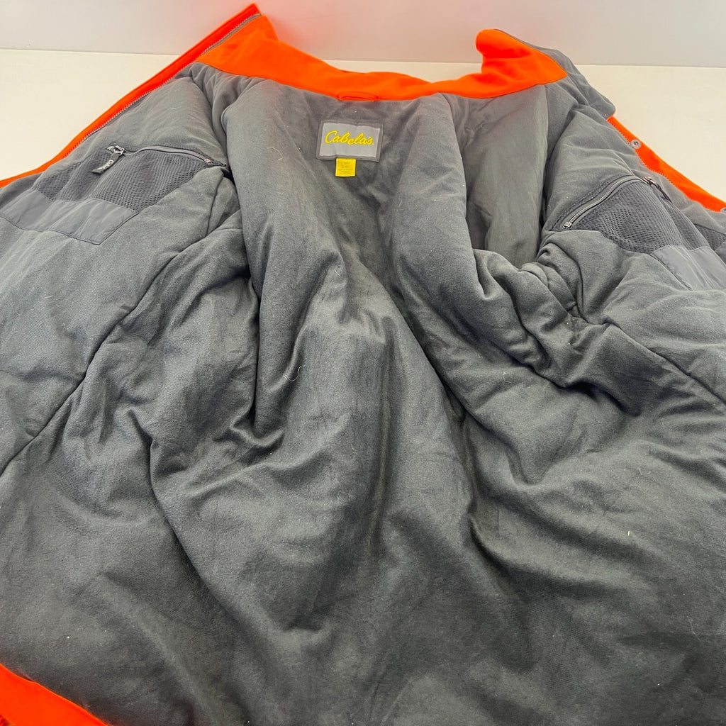 Cabelas Fluorescent Orange Softshell Chore Coat Warm Jacket with Hood size Large