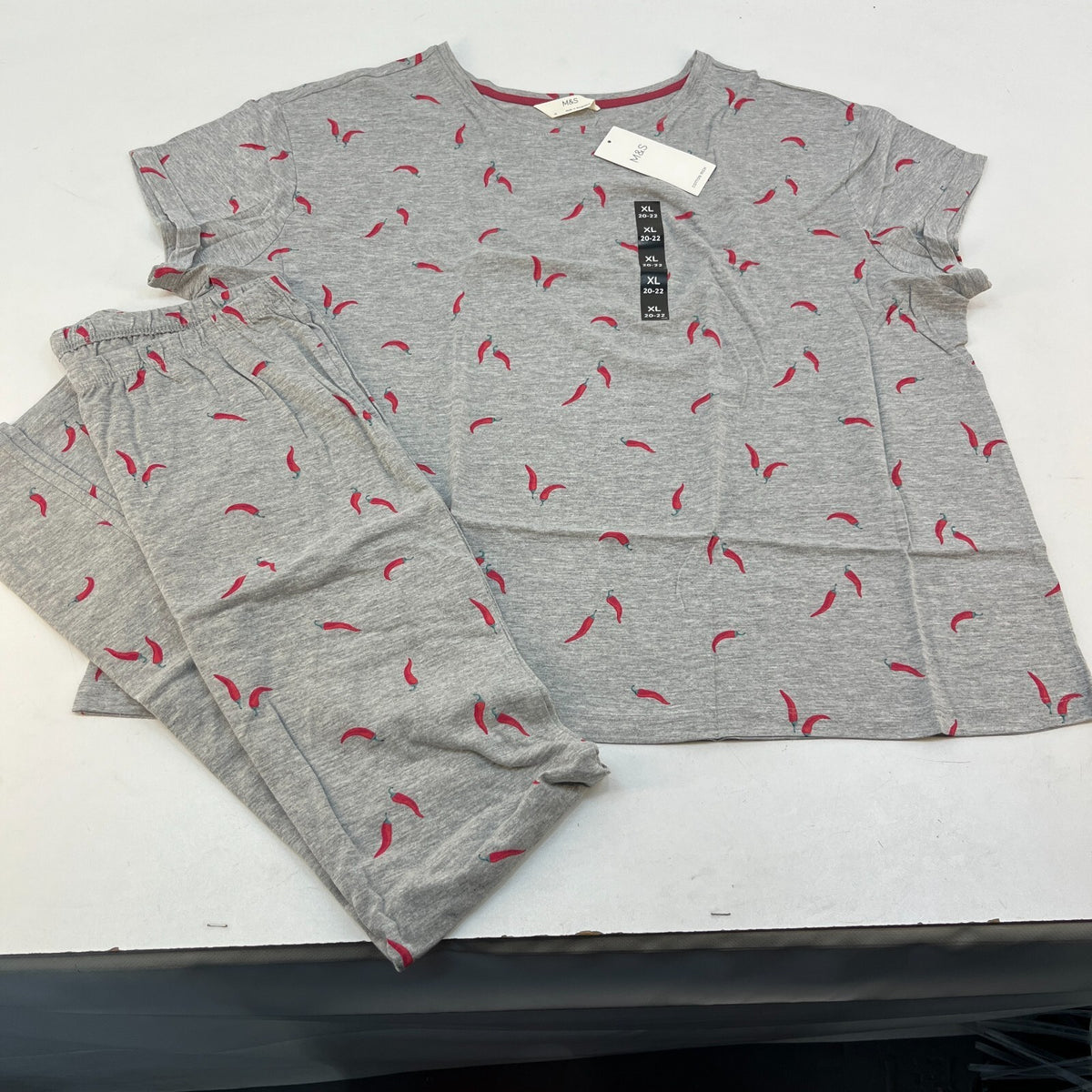 M&S Ladies Pyjama Set UK XL 20-22 Grey with Chillies Long Leg Short Sleeve New
