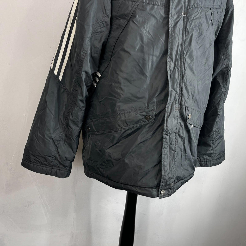 Adidas Men's Quilted Coach Jacket in Dark Grey - size Medium Oversized