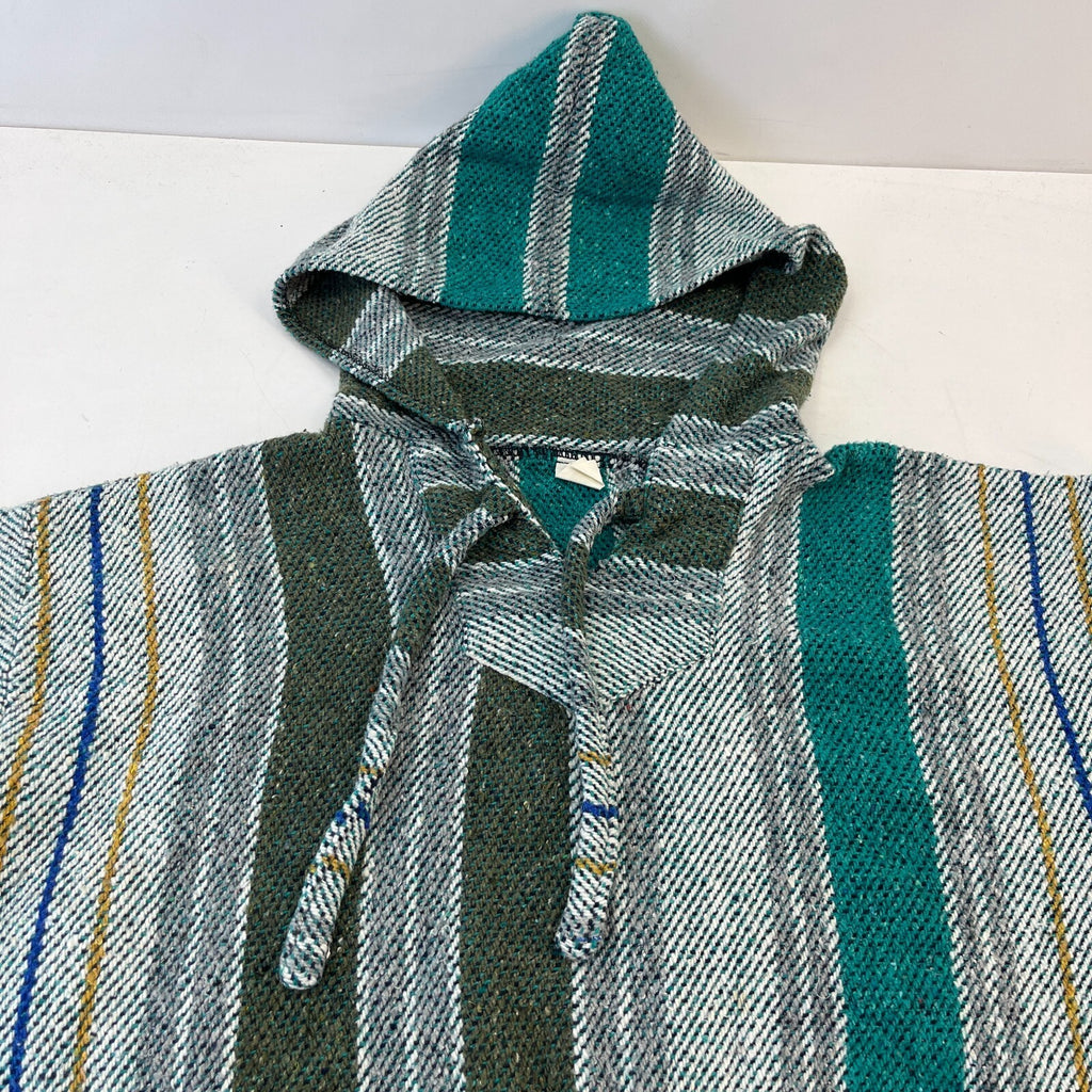 Genuine Mexican Baja Hoodie Pullover Hippie Festival Green Stripe UK size L