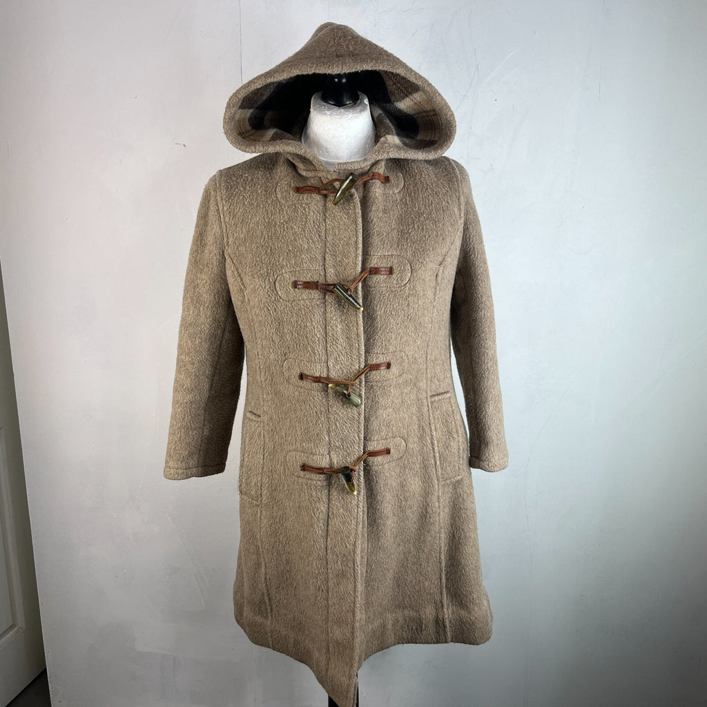 Vintage Women’s Camel Beige Hooded Duffle Coat with Tooth Toggles UK size 16