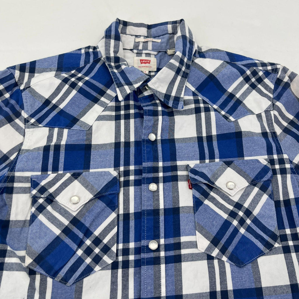 Levi's Mens Stretch Flannel Shirt Blue & White Wide Check Snap Fasten size S