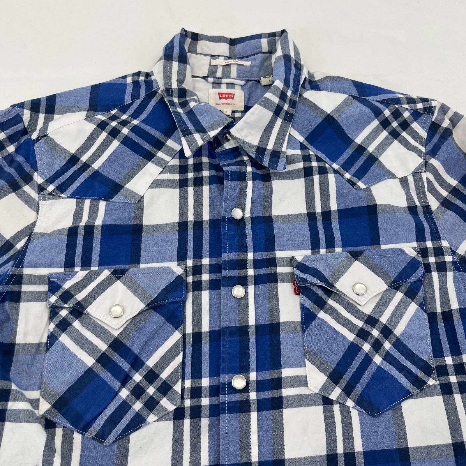 Levi's Mens Stretch Flannel Shirt Blue & White Wide Check Snap Fasten size S