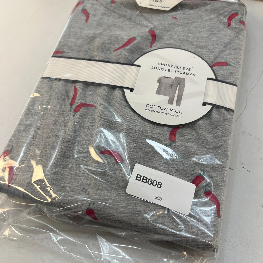 M&S Ladies Pyjama Set size S 8-10 Grey with Chillies Long Leg Short Sleeve  BNWT