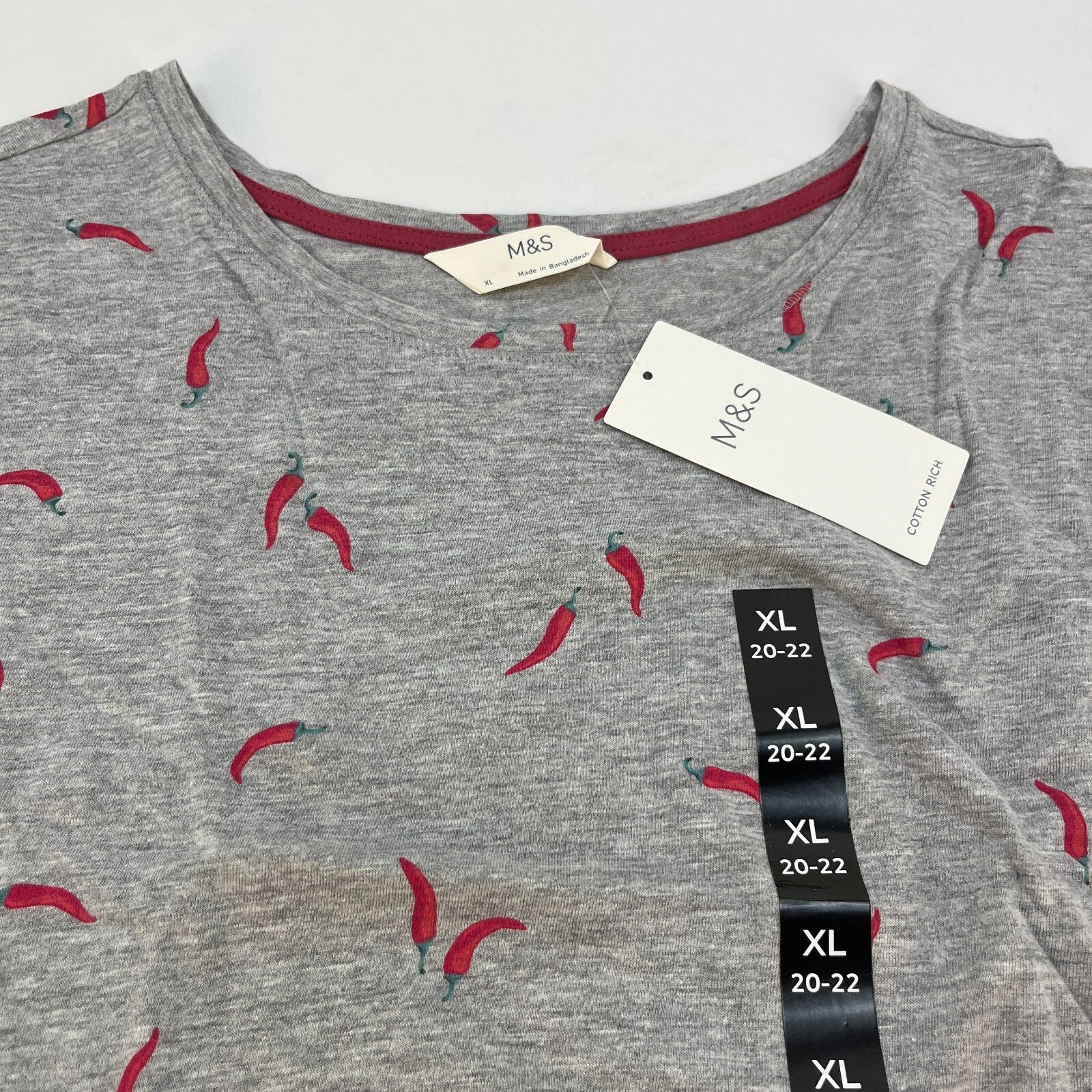 M&S Ladies Pyjama Set UK XL 20-22 Grey with Chillies Long Leg Short Sleeve New