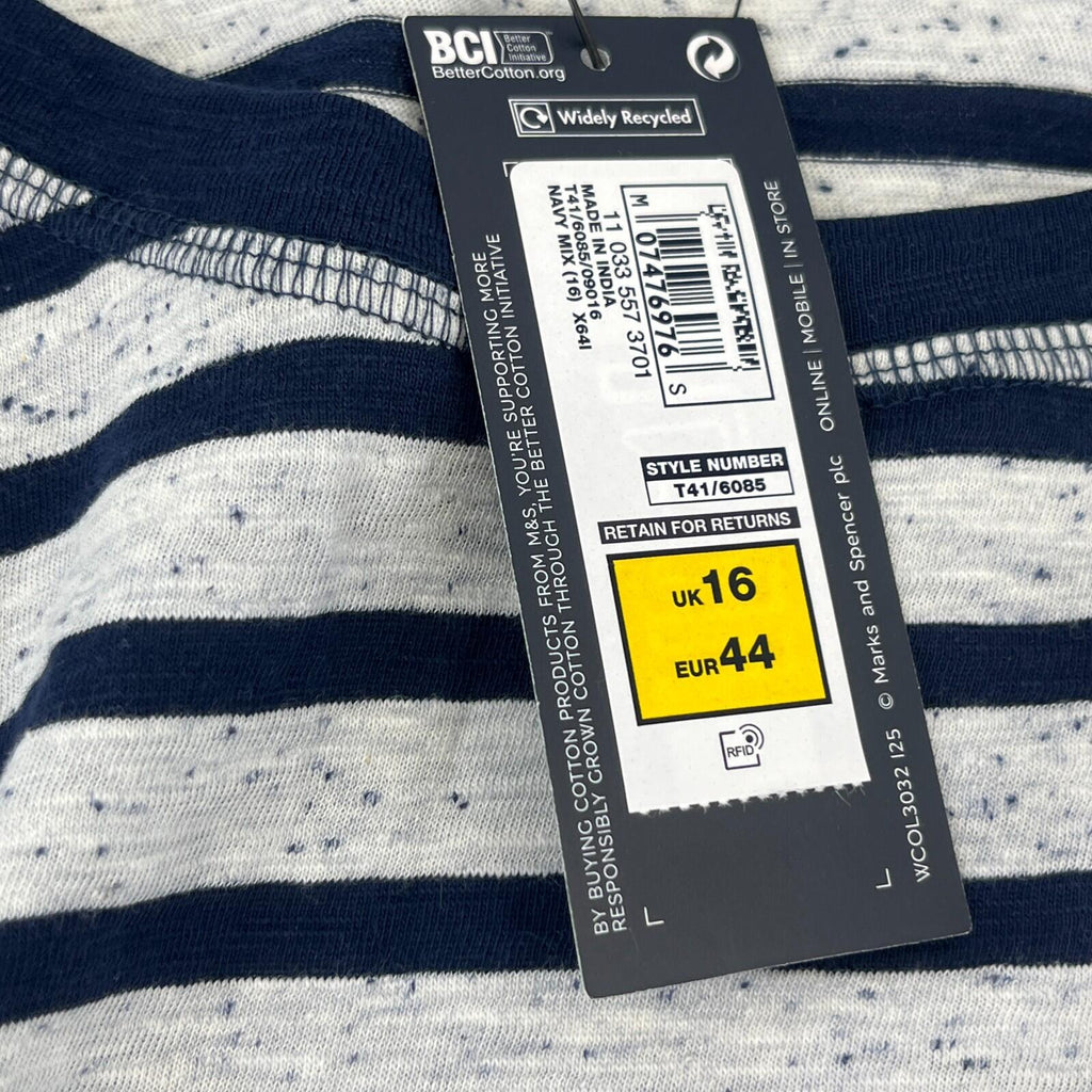 M&S Women's Crew Neck Top White & Navy Blue Striped Long Sleeve size 16 - New