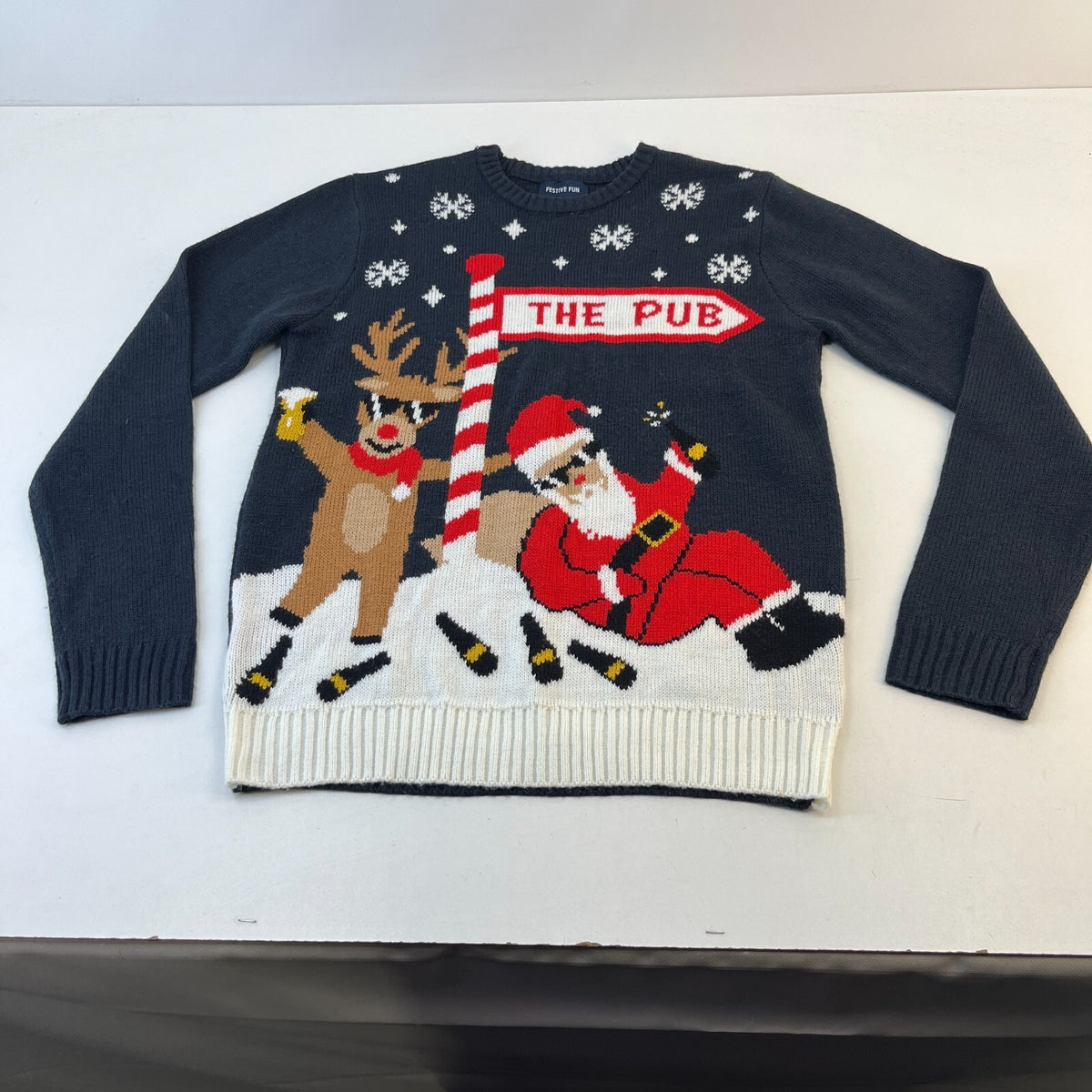 To the Pub Christmas Jumper Santa & Rudolph the Reindeer have a Beer size Small