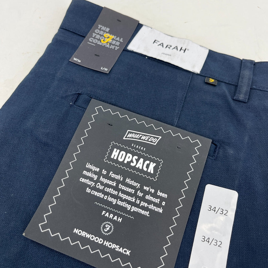 Farah Norwood Hopsack 100% Cotton Trousers Regular Fit W34" L32" True Navy Blue