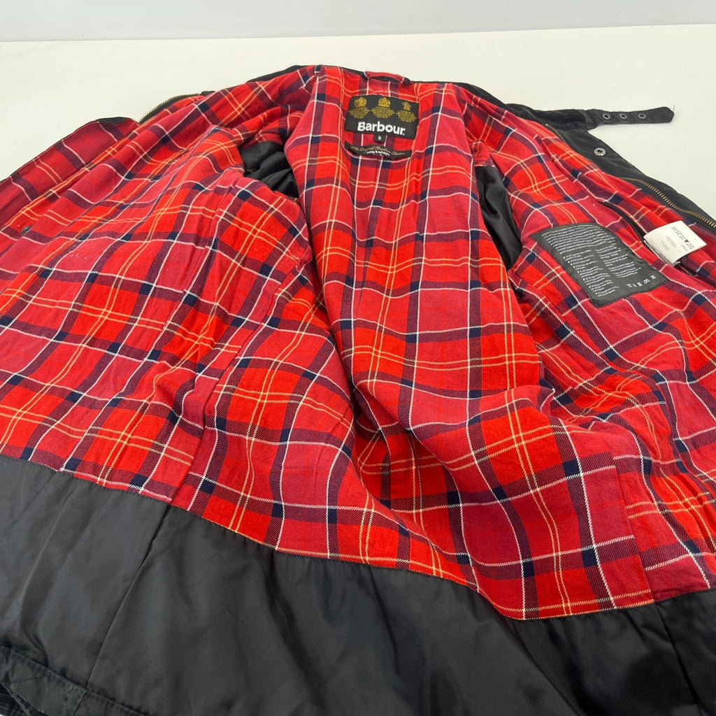 Barbour International Quilted Waxed Cotton Jacket Black with Belt Band Collar S