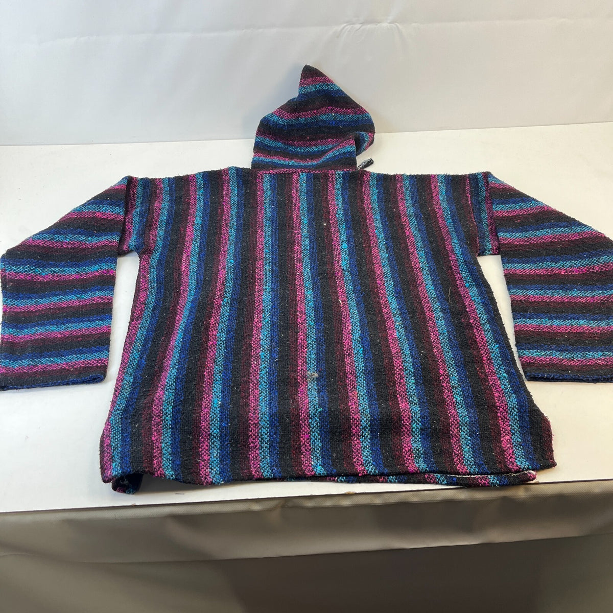 Genuine Mexican Baja Hoodie Pullover Hippie Festival Pink/Black Stripe UK size L