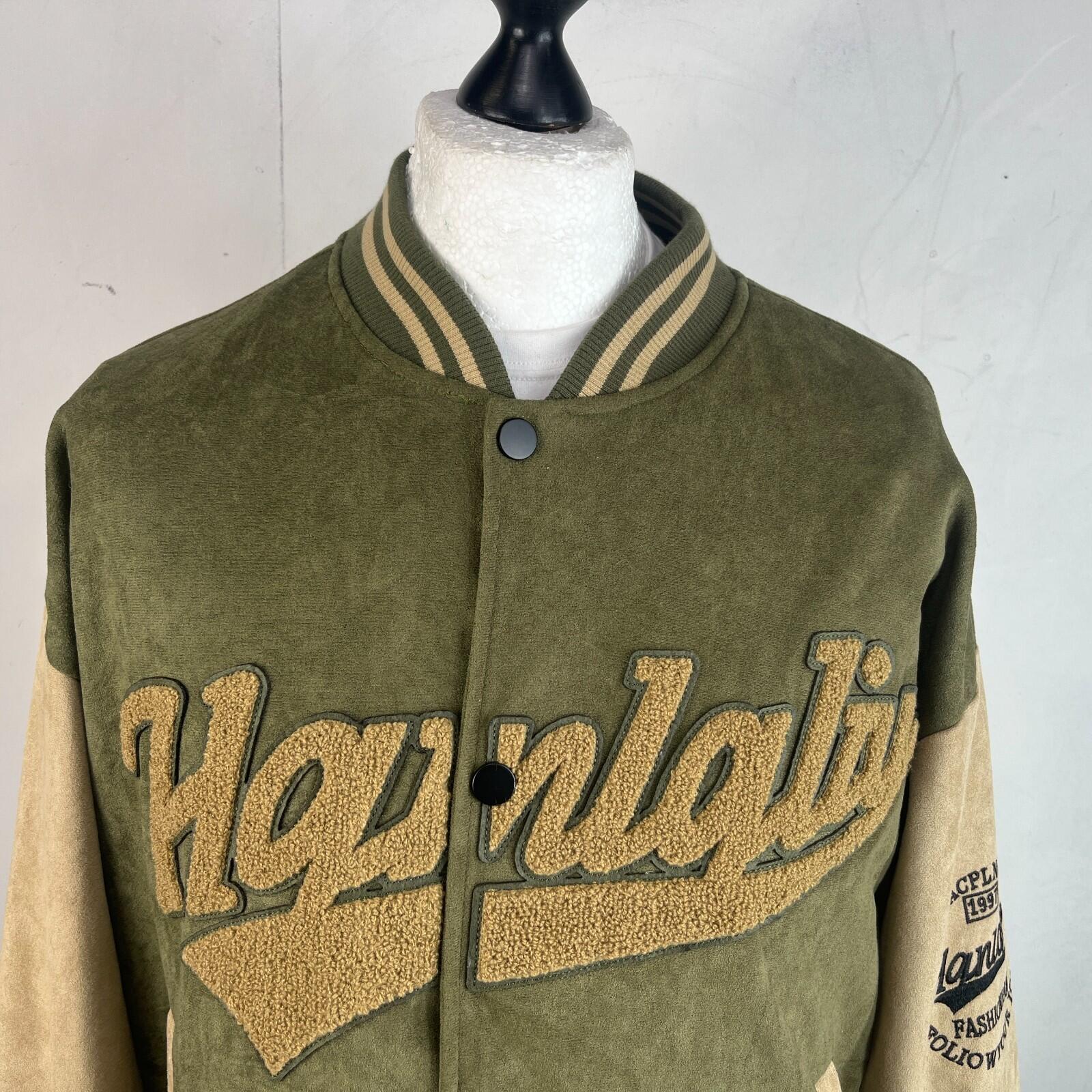 Women's Flock Varsity Jacket 80s College Style Green & Beige size XL