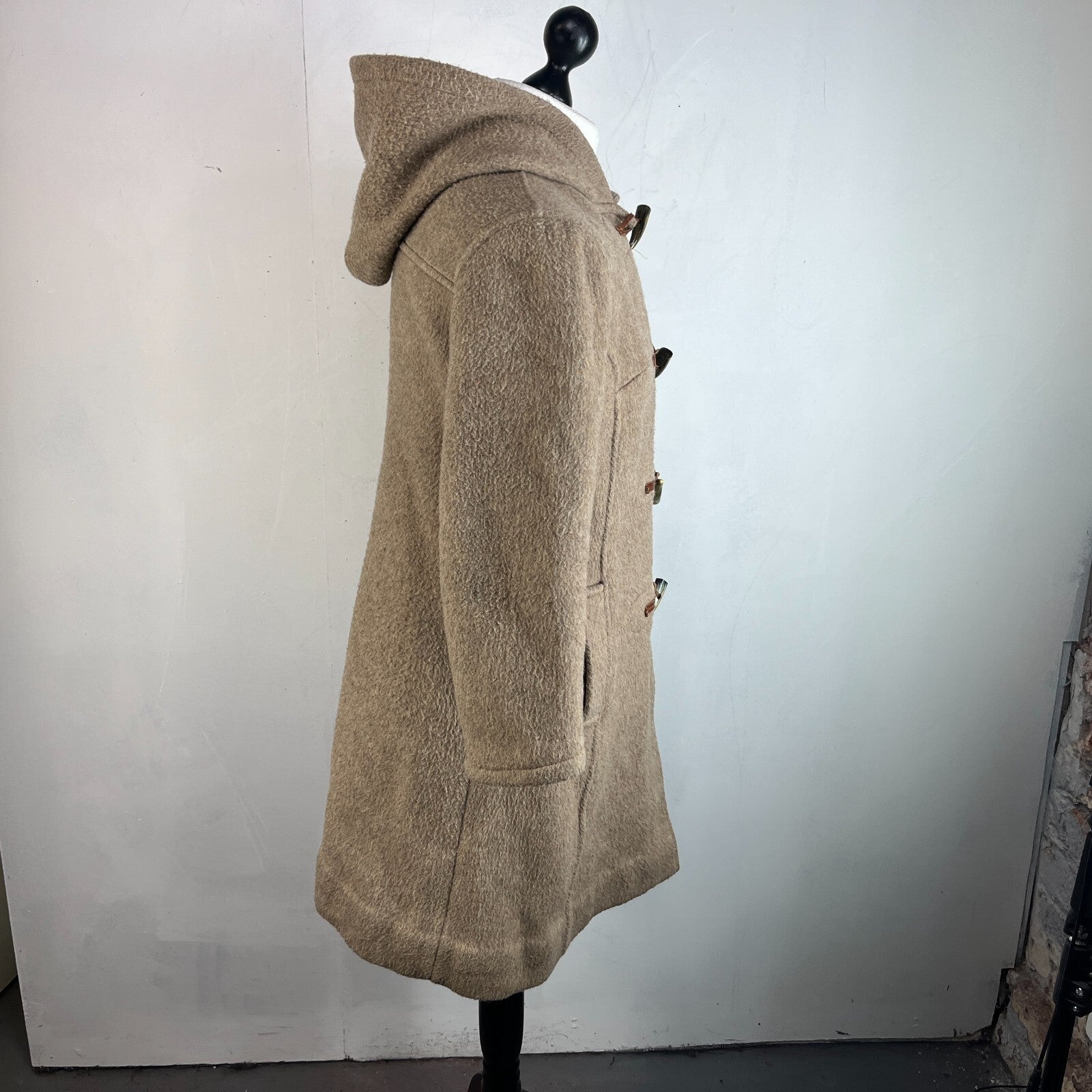 Vintage Women’s Camel Beige Hooded Duffle Coat with Tooth Toggles UK size 16