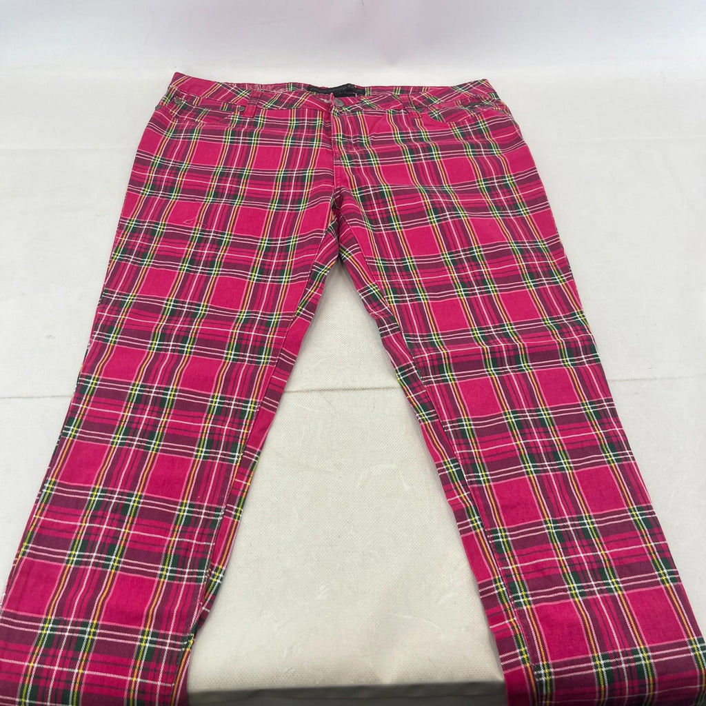 Criminal Damage Women's Pink Tartan Jeans Tapered Stretch Waist 36"