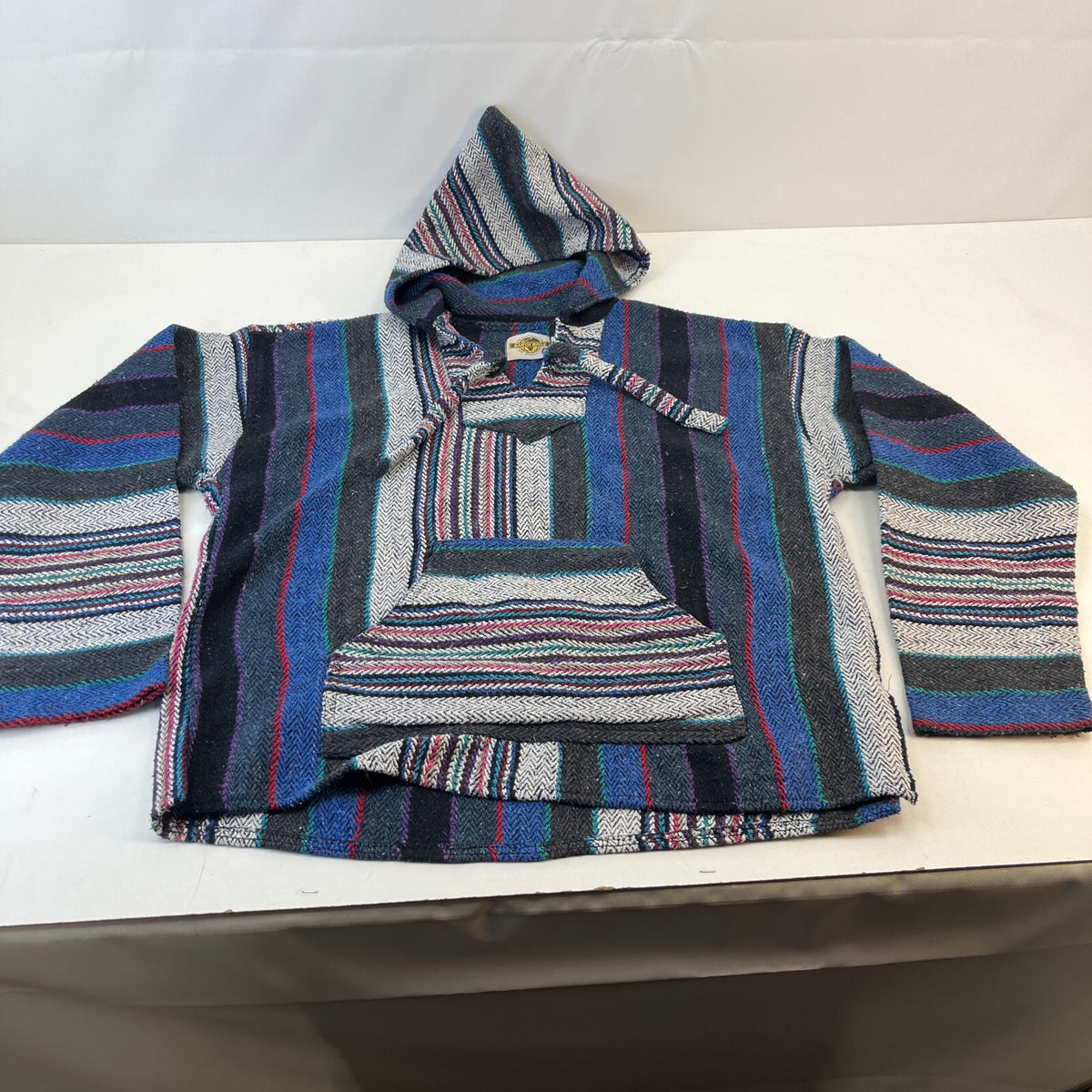 Genuine Mexican Baja Hoodie Pullover Hippie Festival Blue/Black/Grey UK size XL