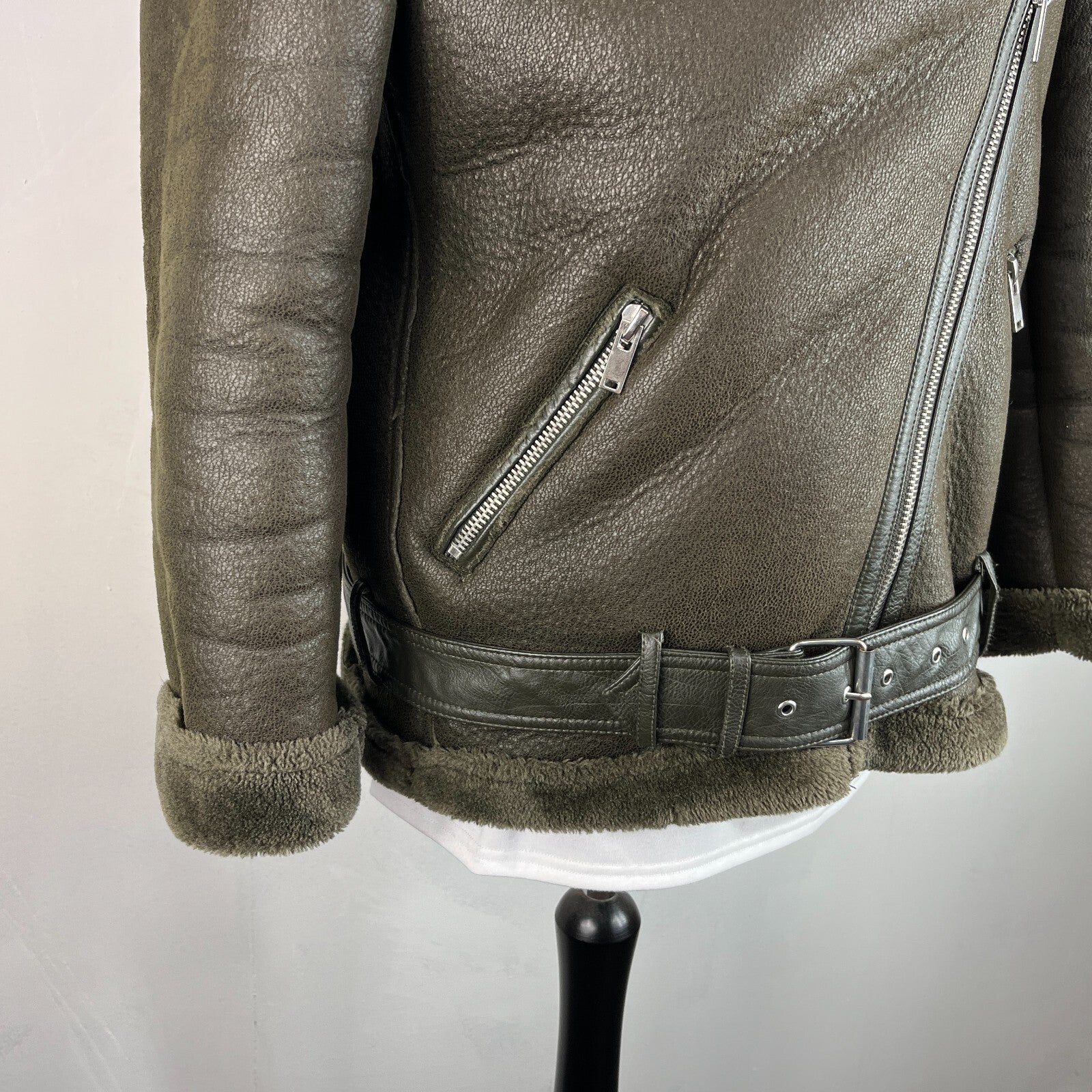 Zara Brown Faux Shearling Fur Lined Jacket Aviator Brown with Belt size Medium