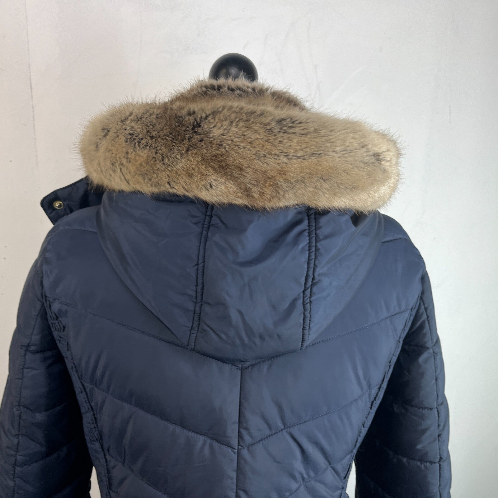 Joules Warm Welcome Long Quilted Jacket Navy Blue with Faux Fur Fringe size 14