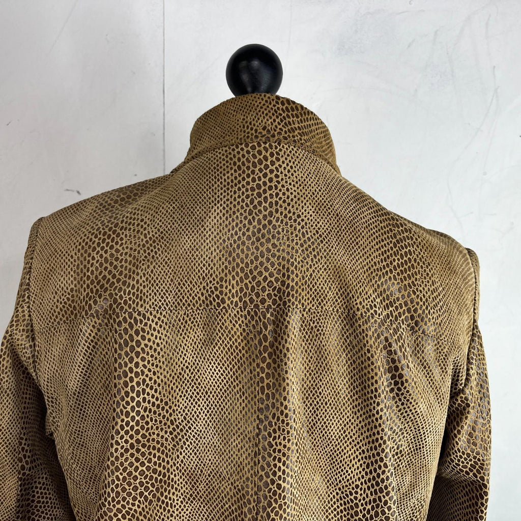 Beth Terrell Long Leather Coat Jacket Tan Brown Snake Lizard Pattern size Medium