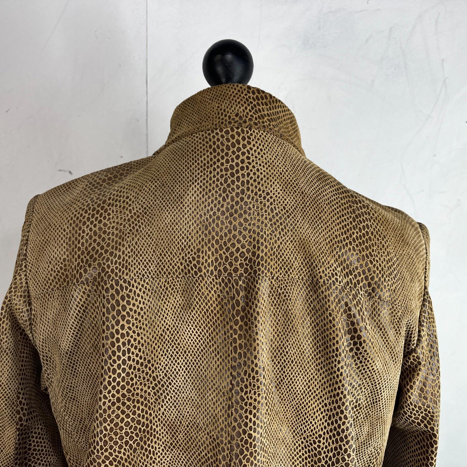 Beth Terrell Long Leather Coat Jacket Tan Brown Snake Lizard Pattern size Medium