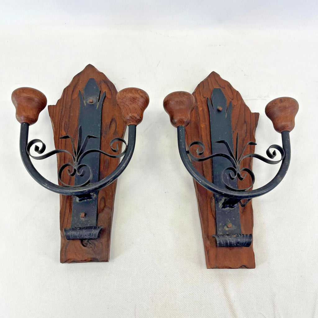 Pair of Vintage Double Sconce Wall Lights Gothic Metal & Wood 14" Two Arm