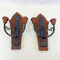 Pair of Vintage Double Sconce Wall Lights Gothic Metal & Wood 14" Two Arm