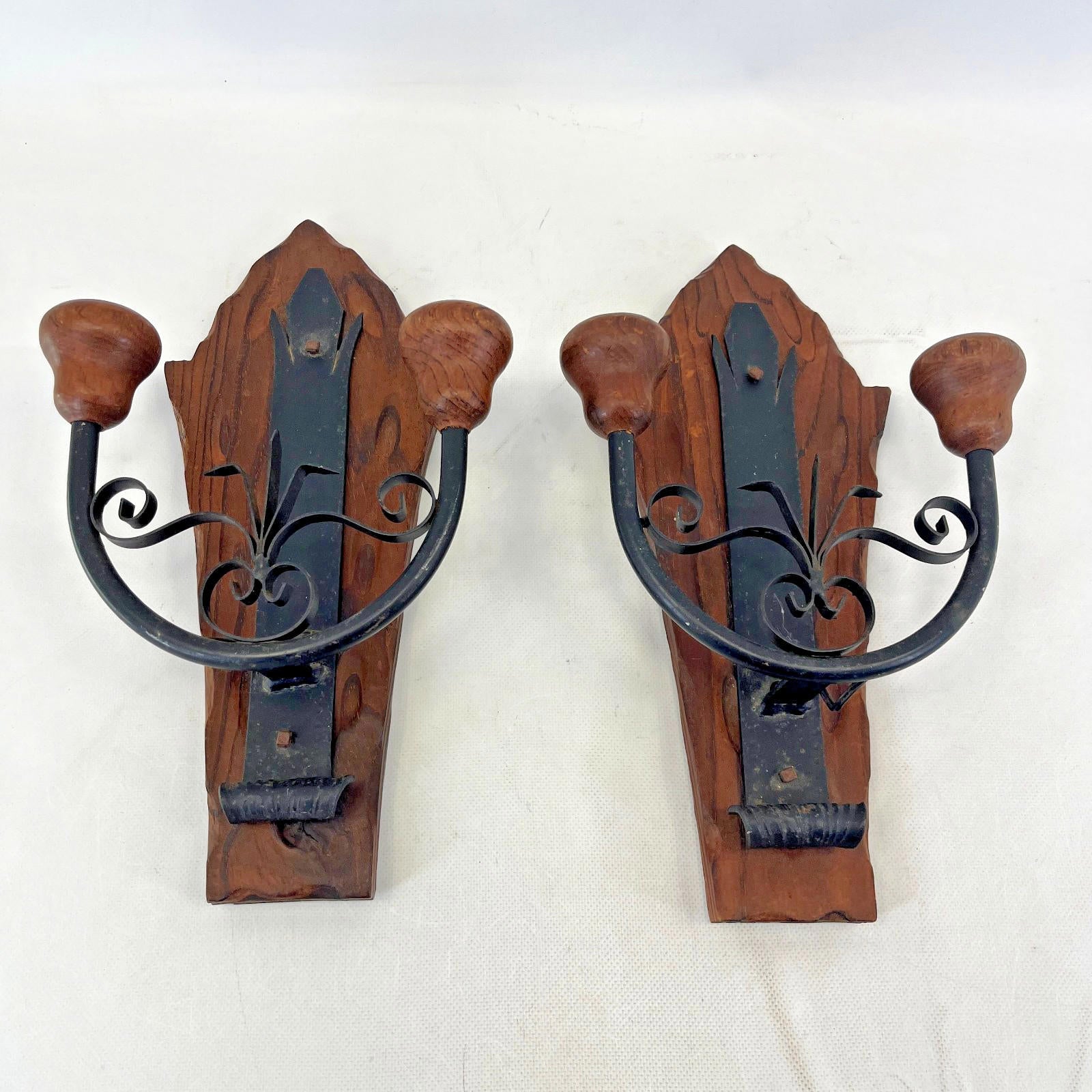Pair of Vintage Double Sconce Wall Lights Gothic Metal & Wood 14" Two Arm