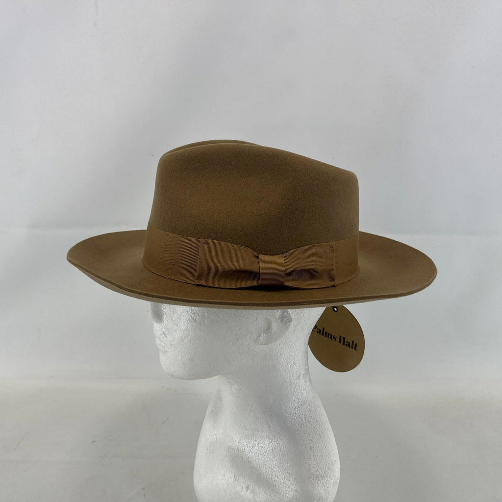 Palms Halt 100% Wool Handmade Textured Fedora Hat in Camel Brown size M 56
