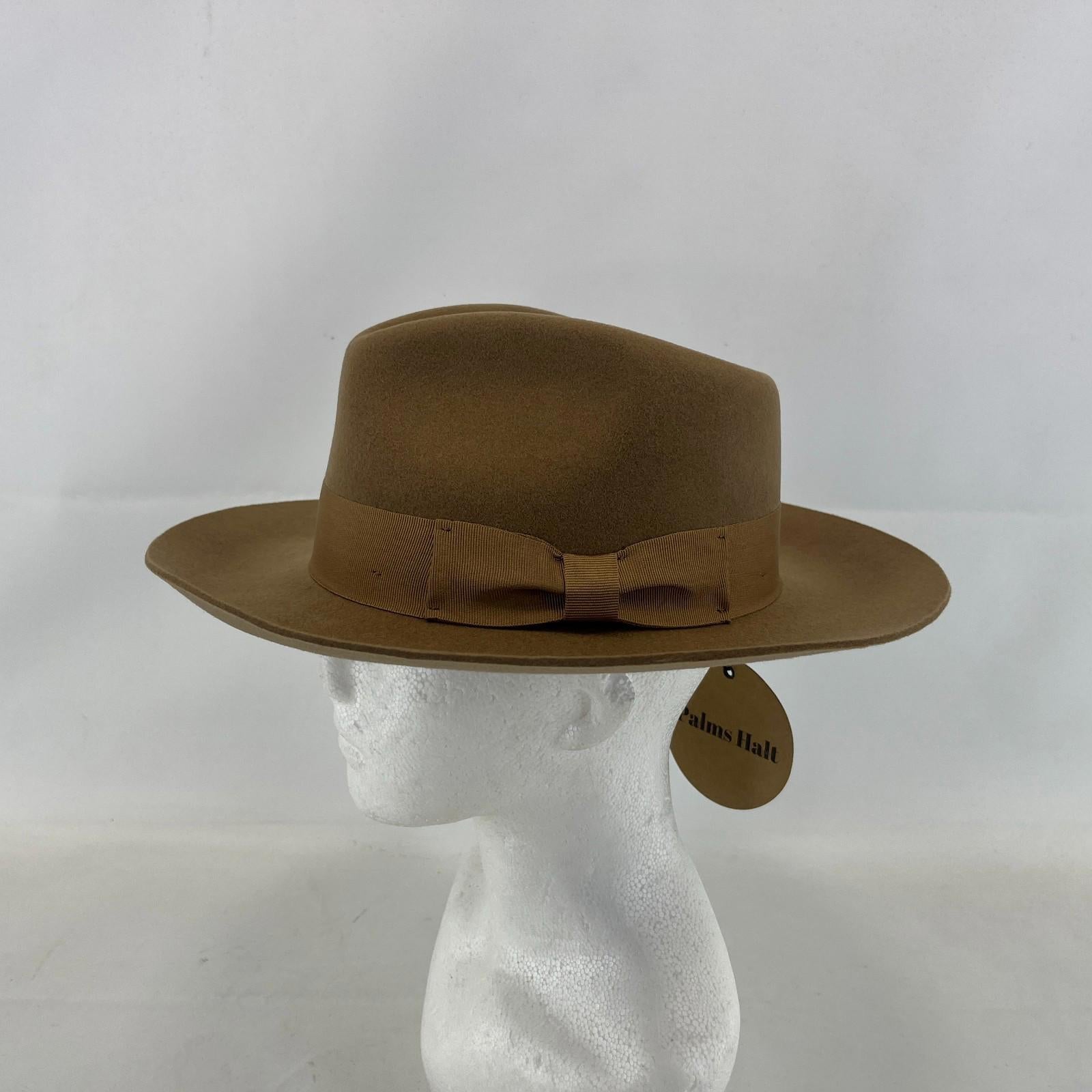 Palms Halt 100% Wool Handmade Textured Fedora Hat in Camel Brown size M 56