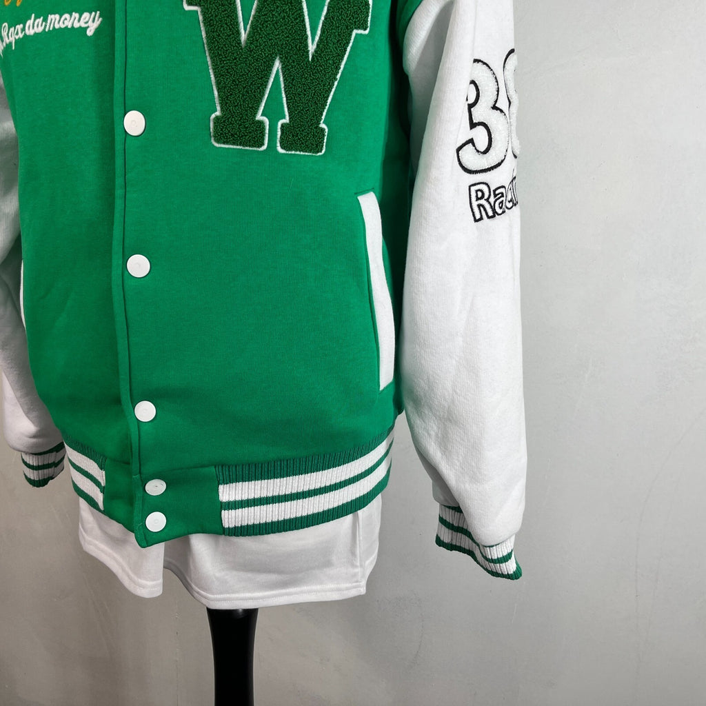 Rocqer-X Women's Green & White Embroidered Varsity Jacket size 2XL