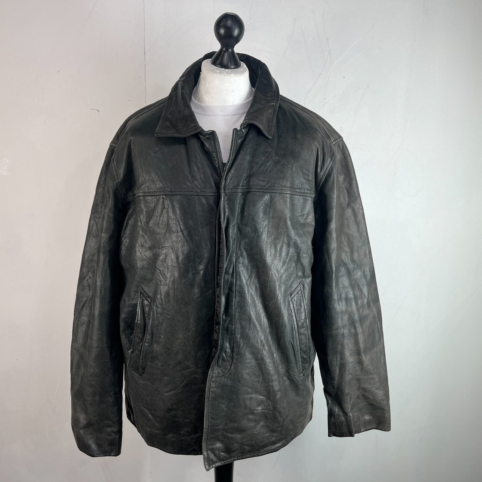 Redskins Vintage Distressed Look Black Leather Mid Length Jacket Men’s size 3XL