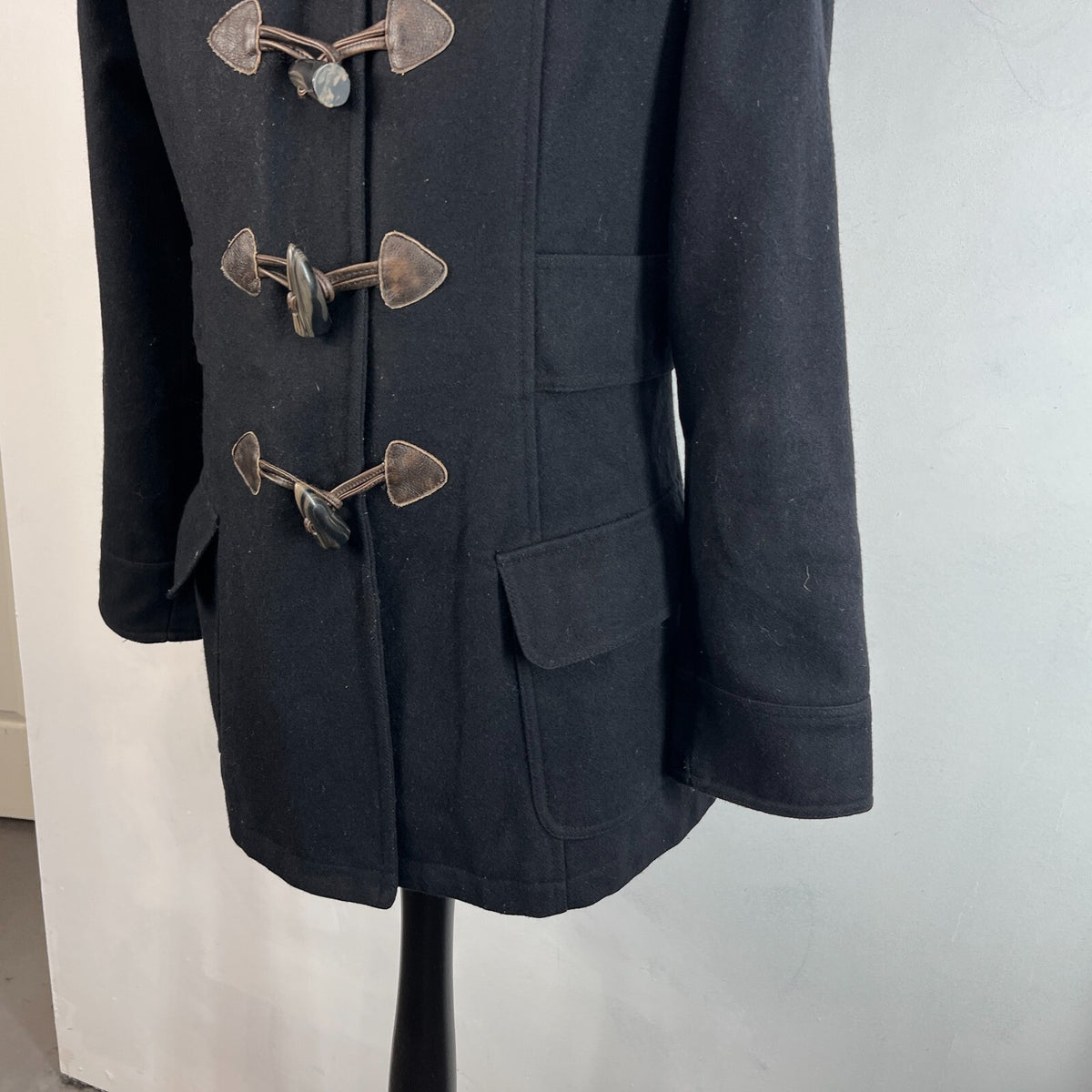 American Eagle Women's Black Duffle Parka Coat Hooded Faux Fur Trim size L