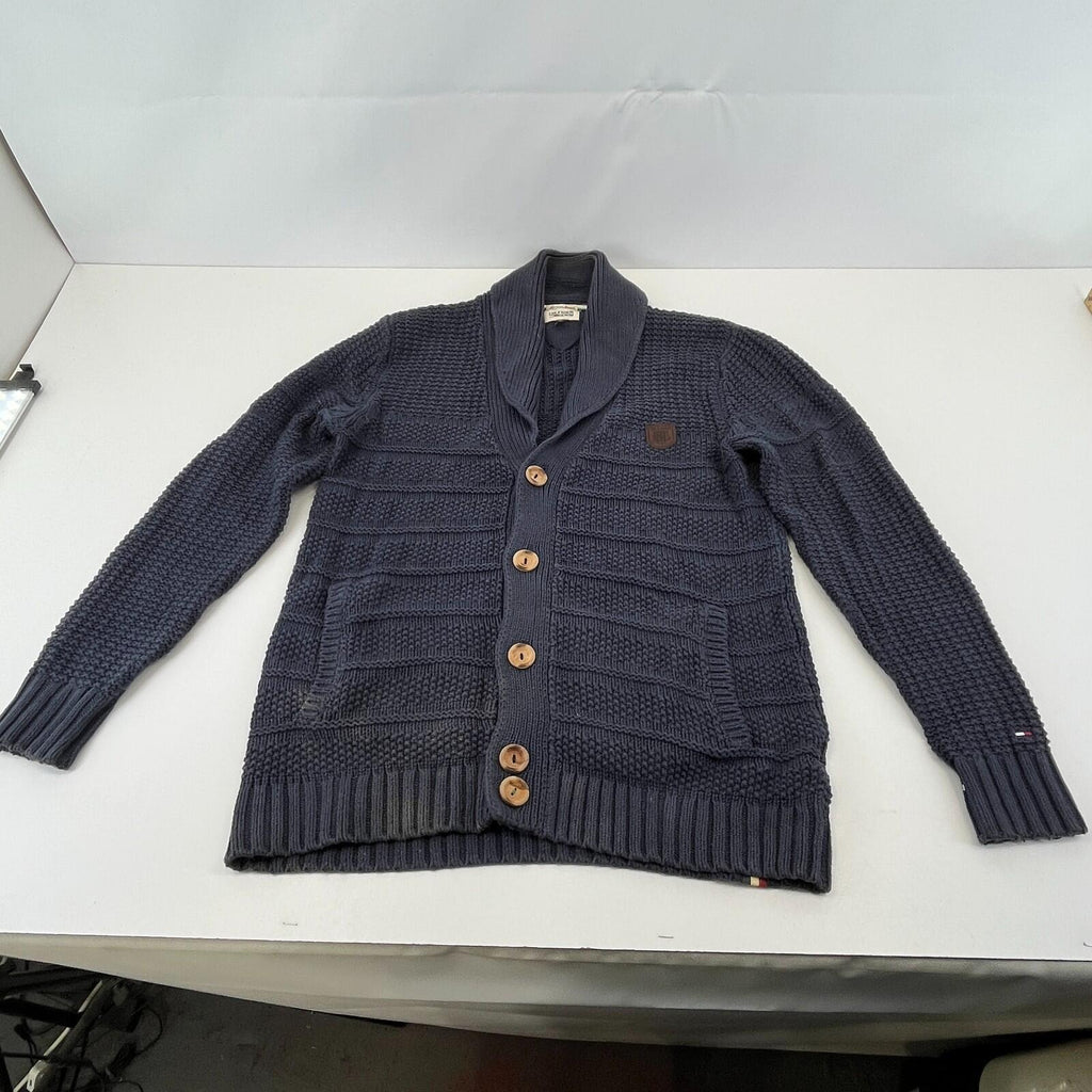 Tommy Hilfiger Hooded Cable Knit Cardigan Chunky Jumper Navy Blue - Size M