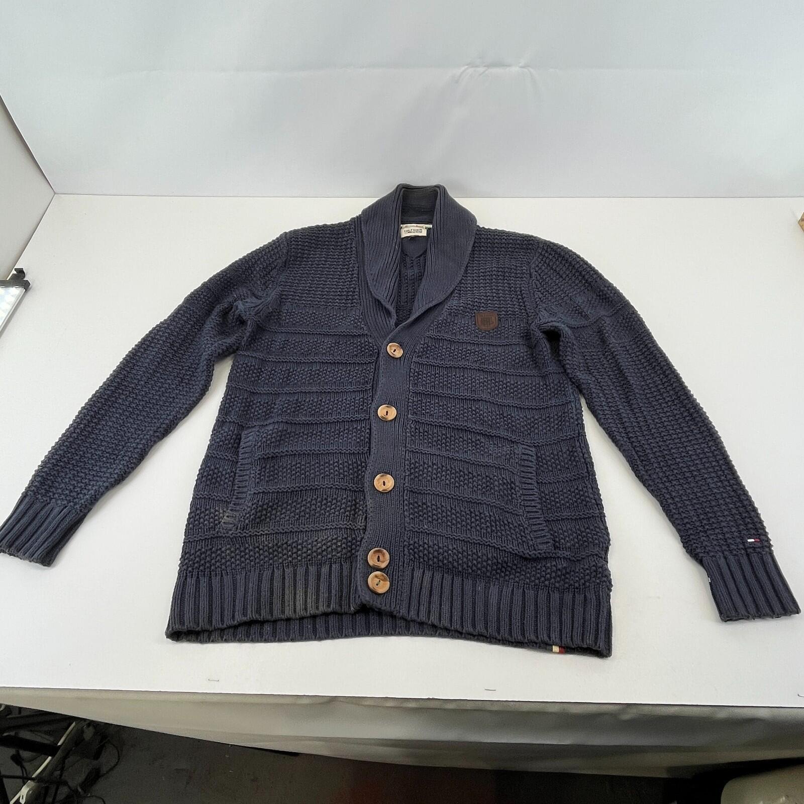 Tommy Hilfiger Hooded Cable Knit Cardigan Chunky Jumper Navy Blue - Size M